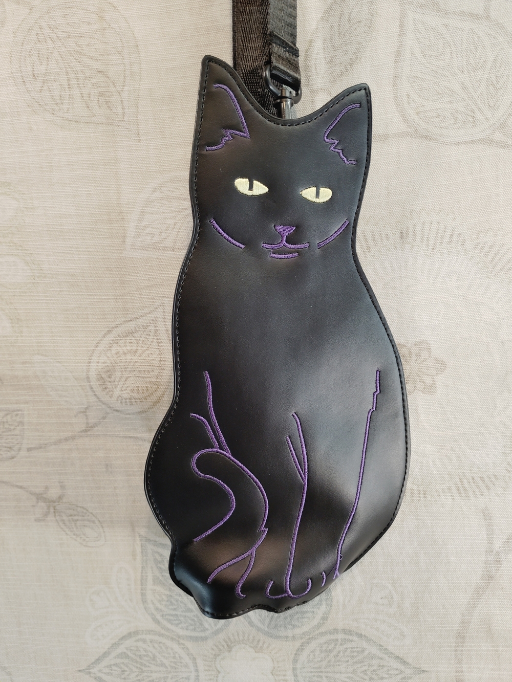 Black Cat-Shaped Crossbody Bag with Purple Stitching